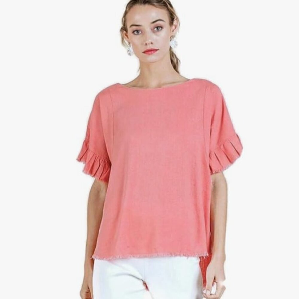 Umgee EUC coral ruffle raw hem relaxed fit linen blend casual blouse size S